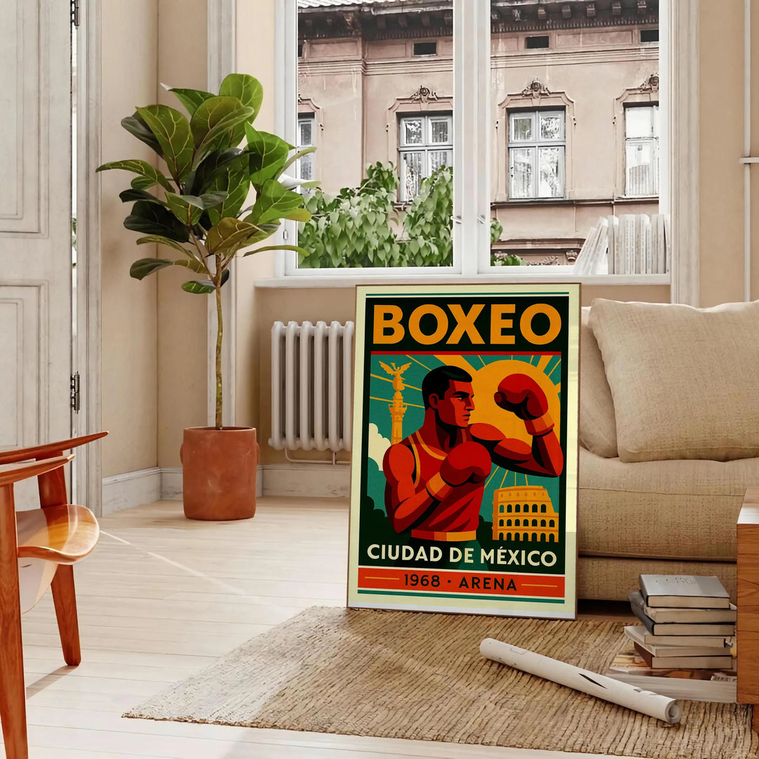 Slående affisch med boxningsmotiv inspirerad av Mexiko, i djärva röda och svarta färger. Perfekt för sportälskare