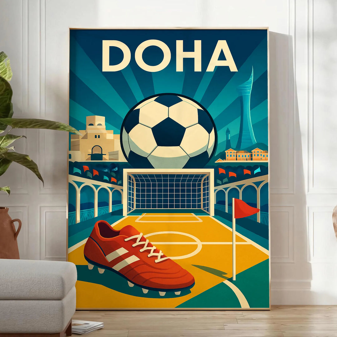 Póster de fútbol de Doha, Qatar, con colores vibrantes azul y amarillo. Disponible en dimensiones 50x70 o 30x40, ideal para a