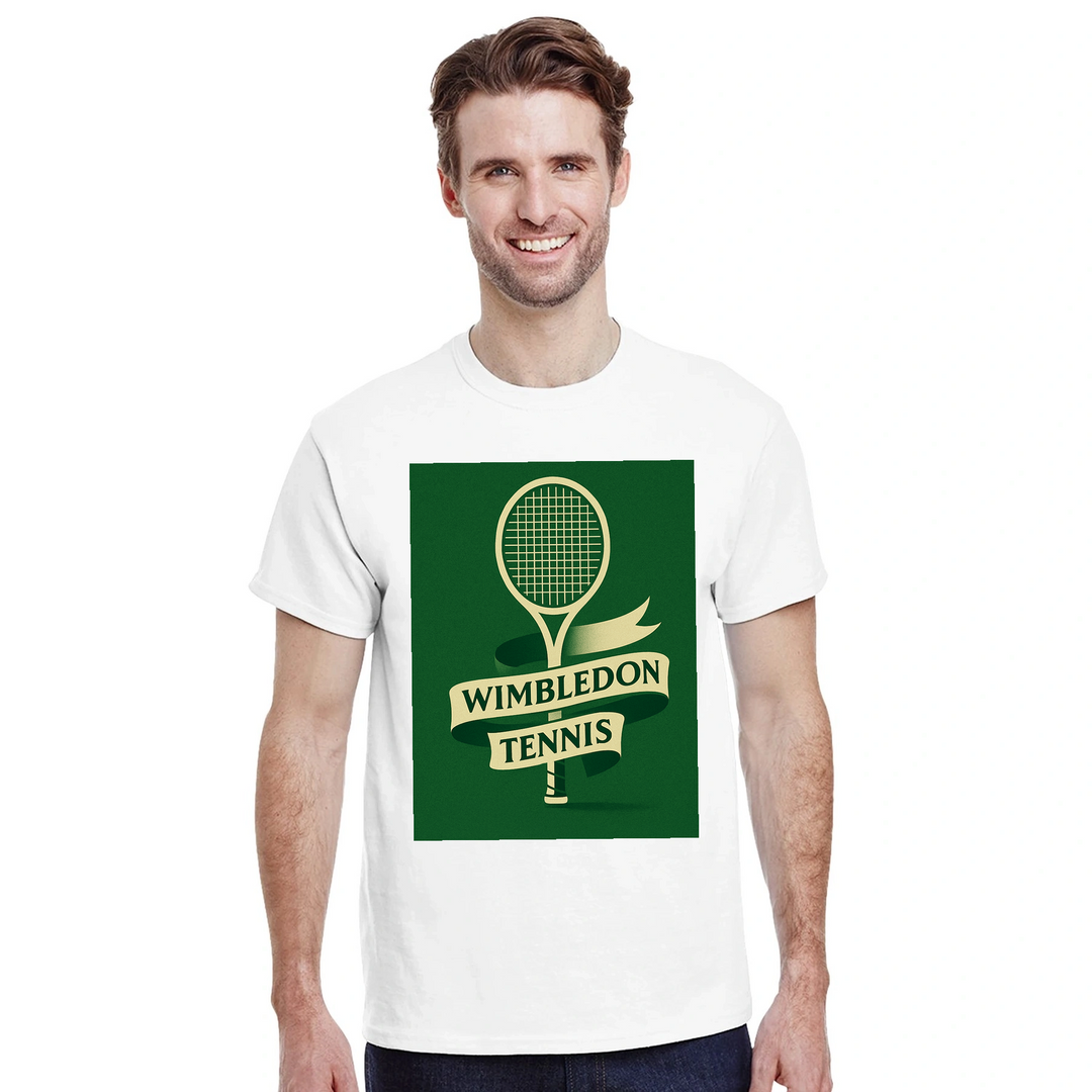 ウィンブルドンを祝うテニステーマのTシャツ。快適で耐久性に優れたデザインで、スポーツ愛好者必見のアイテム。サイズ展開: S, M, L, XL, XXL。