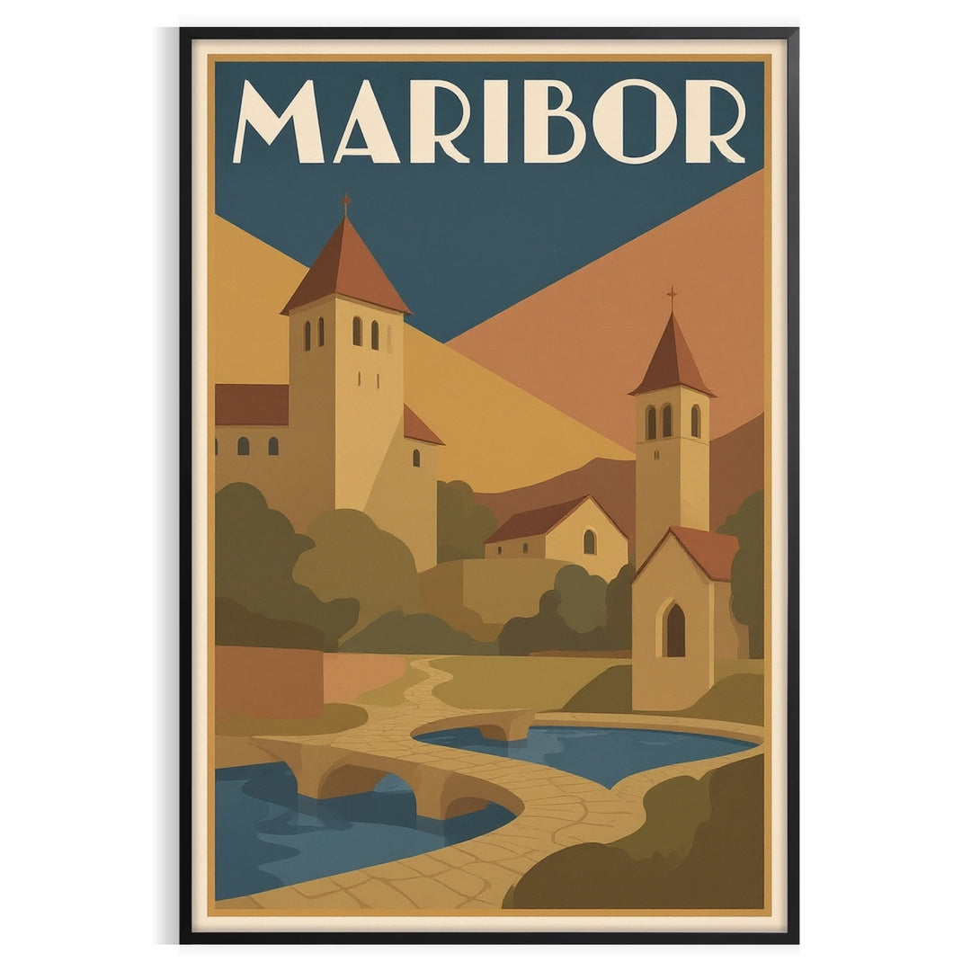 charm Maribor Slovenia stunning vintage travel poster elegant Art Deco design sophisticated gray brown tones space touch nostalgia decor yours today timeless destination