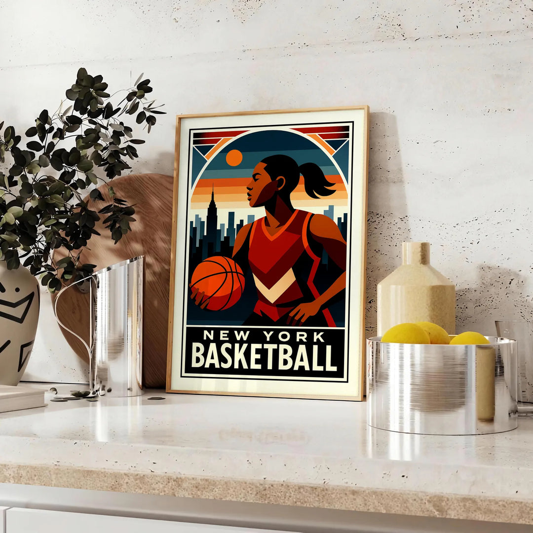 スタイリッシュなアールデコデザインのニューヨークバスケットボールポスター。ゲームの精神を捉えたヴィンテージプリントで、バスケットボールの壁アートやギフトに最適です。