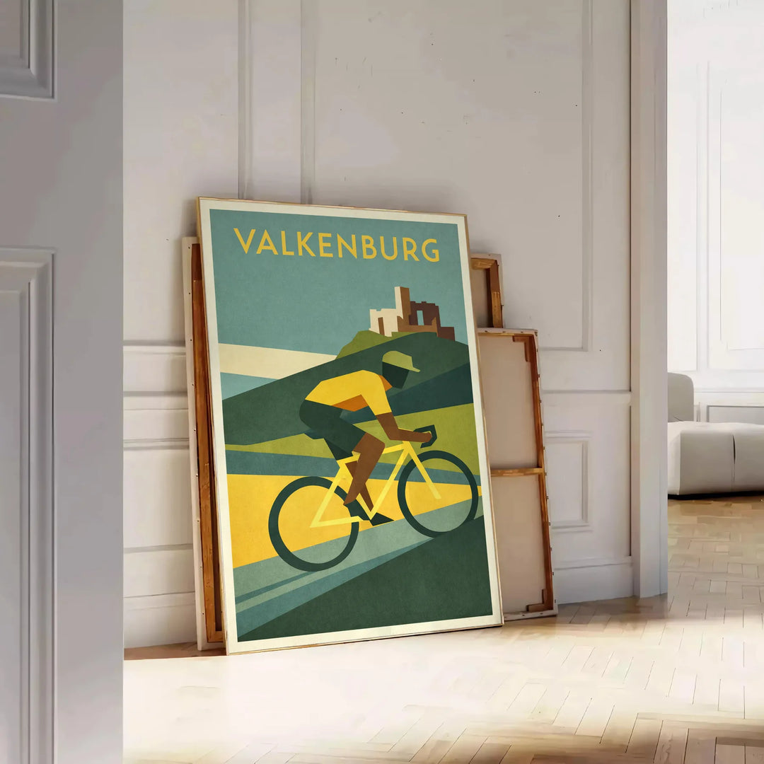 Póster de ciclismo Valkenburg, Países Baixos, em laranja e verde vibrante, ideal para amantes do ciclismo. Disponível em vári