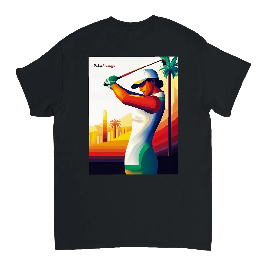 ゴルフパームスプリングスTシャツは、快適さとスタイルを兼ね備えたデザインです。パームスプリングスの陽気な雰囲気を楽しむゴルフ愛好者に最適です。