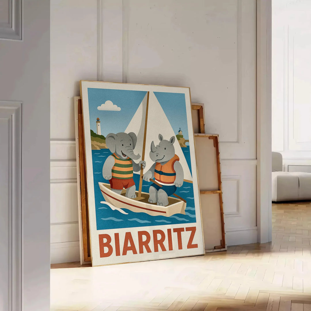 Ανακαλύψτε την όμορφη αφίσα "Παιδικό Ελέφαντα Ρινόκερος Ιππασία" με υπέροχες αποχρώσεις του μπλε και του γκρι. Ιδανική για να