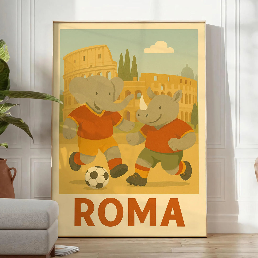 splash fun space vibrant kid elephant rhinoceros football poster playful designs green orange artwork perfect young sports fan child room decor