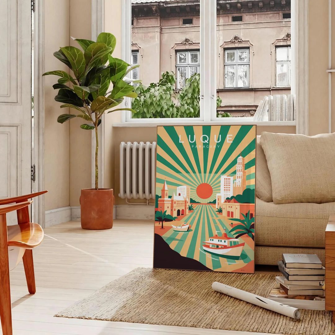 vibrant charm Luque Paraguay Art Déco vintage poster warm hues orange brown stunning piece essence classic design space decor timeless addition home available
