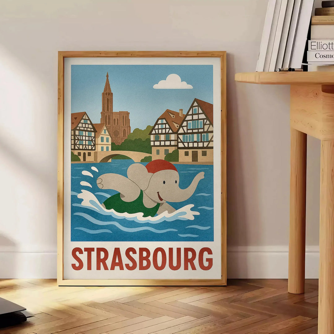 Ανακαλύψτε την εντυπωσιακή αφίσα με τον ελέφαντα που κολυμπάει στη Στρασβούργο, ιδανική για το παιδικό δωμάτιο, σε ήρεμες μπλ