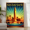 Plakat w stylu Art Déco przedstawiający malowniczy widok Kristiansand w Norwegii, dostępny w rozmiarach 50x70 lub 30x40