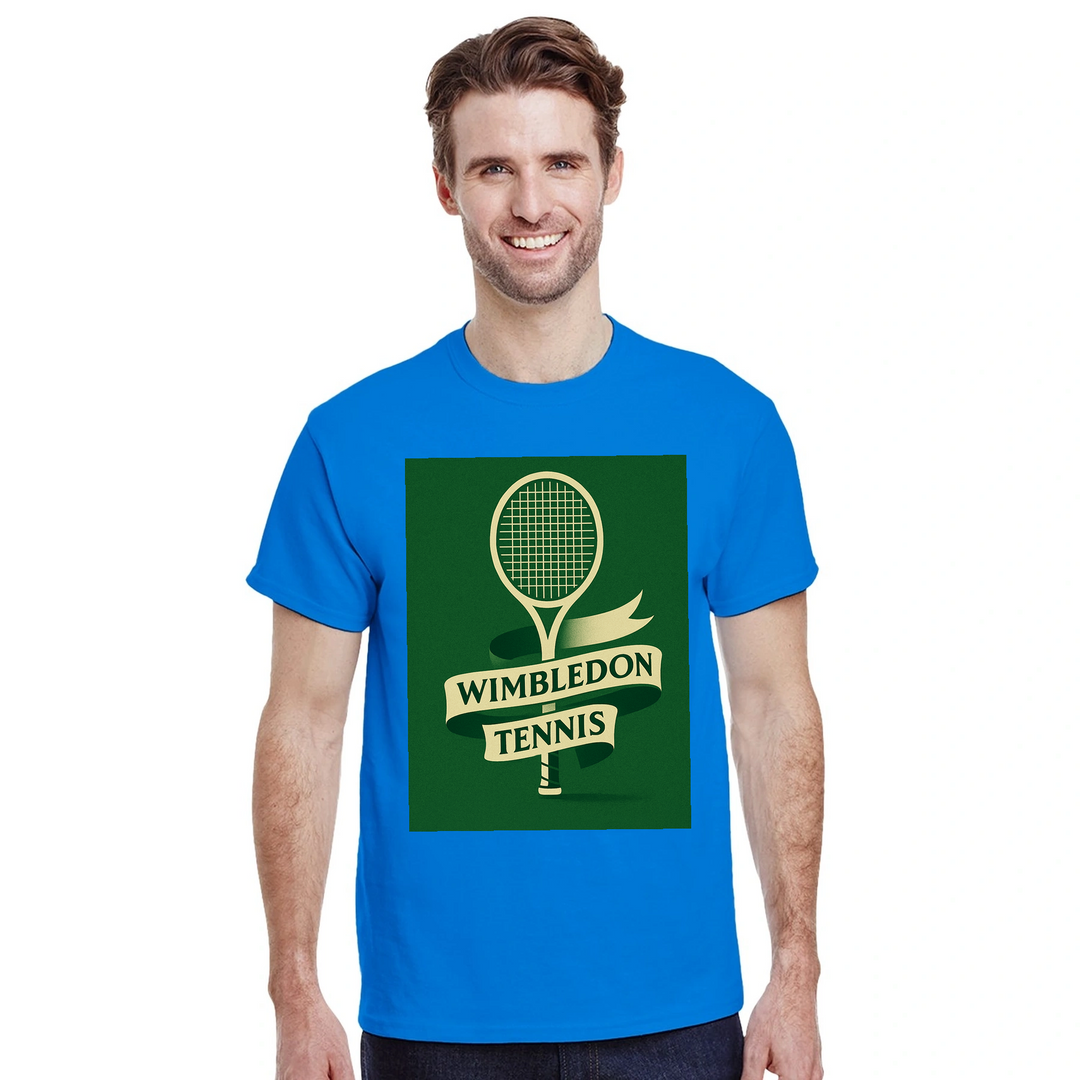 ウィンブルドンを祝うテニステーマのTシャツ。快適で耐久性に優れたデザインで、スポーツ愛好者必見のアイテム。サイズ展開: S, M, L, XL, XXL。
