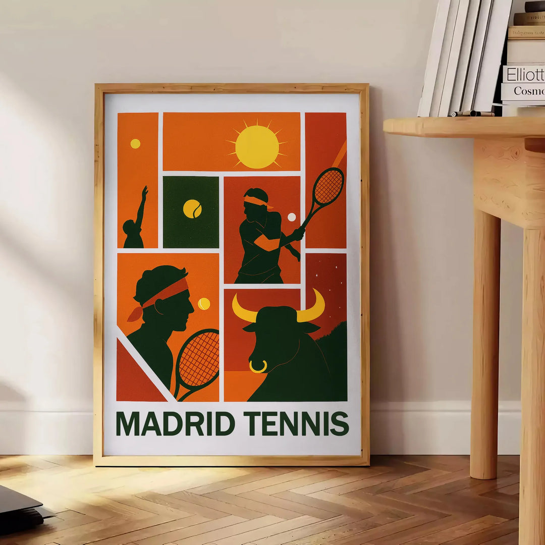 ラファにインスパイアされたマドリードテニスポスター。大胆な黒と鮮やかな緑の色合いで、ゲームのエネルギーを捉えています。