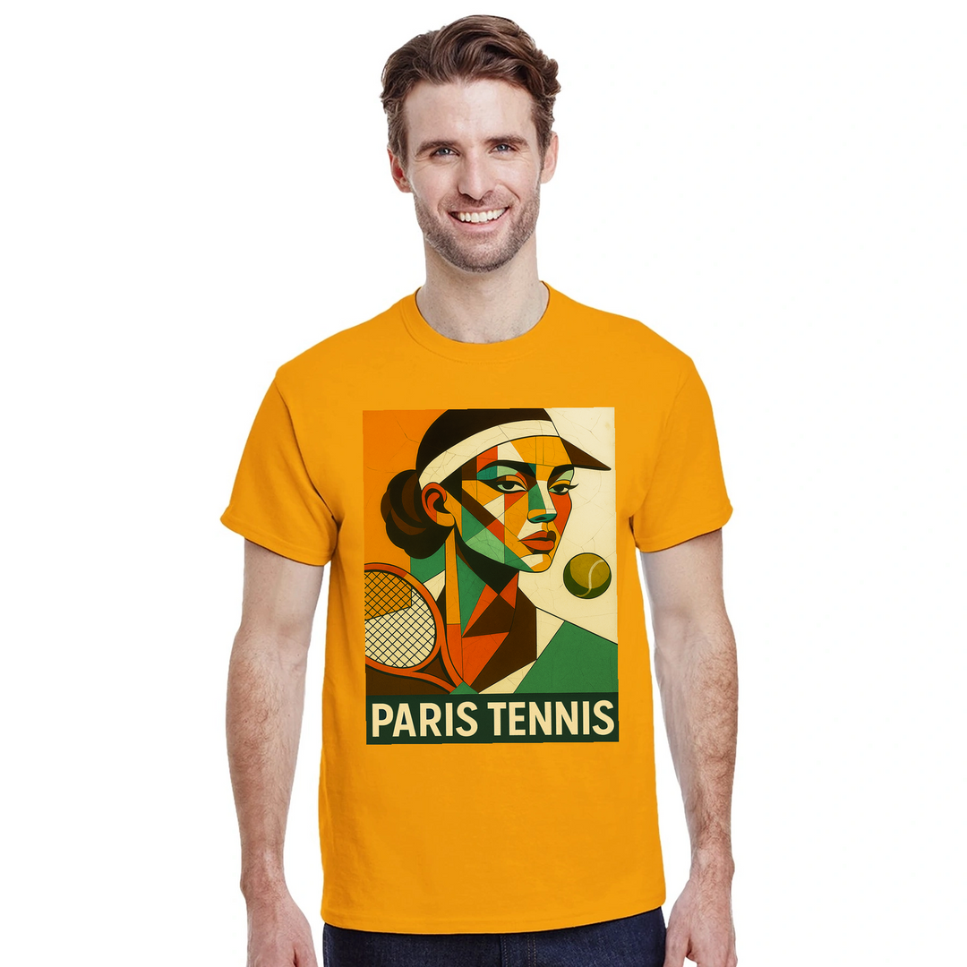 T-shirt wardrobe Paris Cubist Tennis T shirt unique tee art twist perfect sports enthusiasts lovers soft breathable fabric ideal casual occasion love Parisian style sizes available M L XL XXL