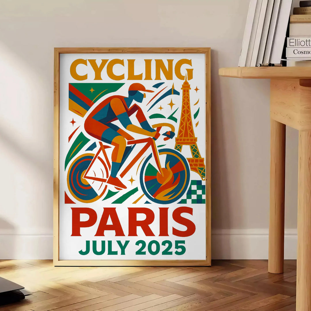 Stilīgs Parīzes Tour de France velosipēdu plakāts ar dzīvīgām sarkanām un zilām krāsām, izmēros 50x70 vai 30x40, ideāli piemē