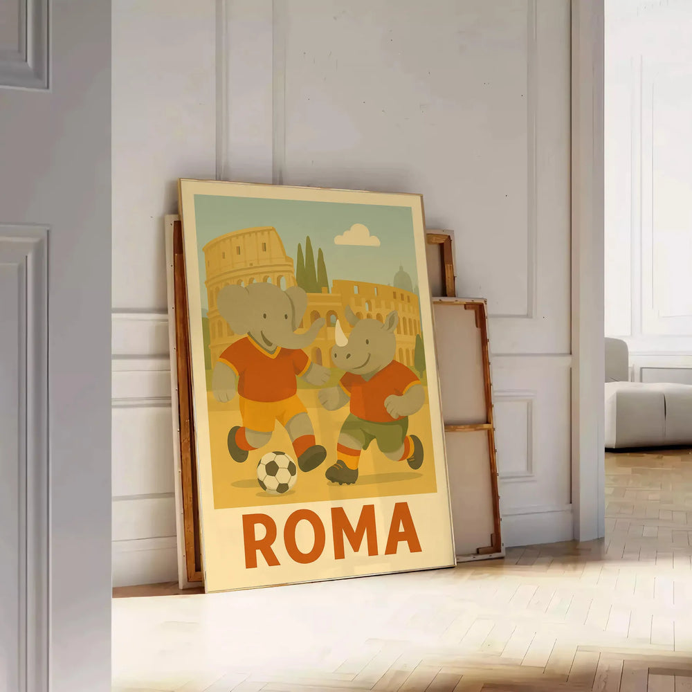 splash fun space vibrant kid elephant rhinoceros football poster playful designs green orange artwork perfect young sports fan child room decor