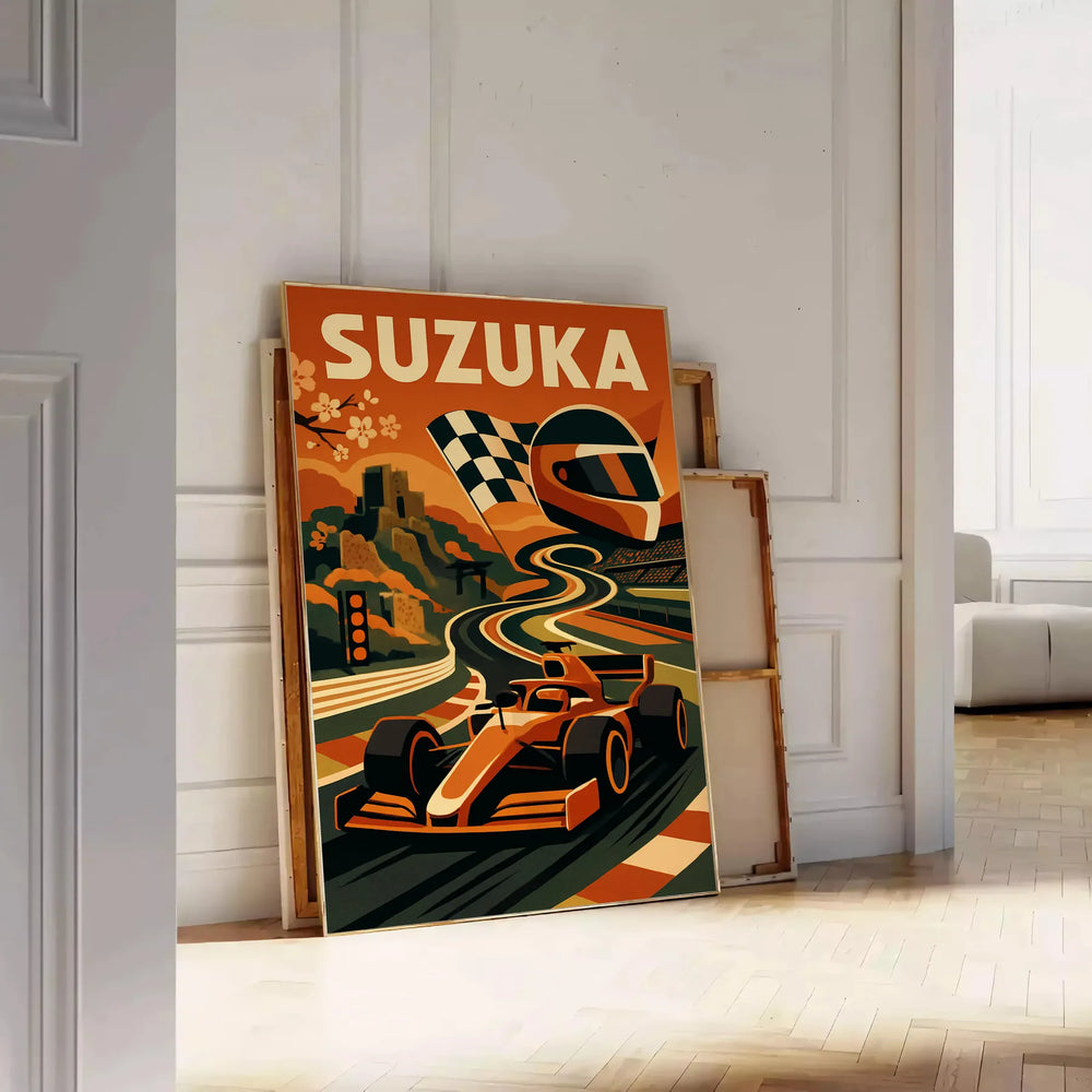 decor stunning Suzuka Japan F1 poster bold black vibrant orange colors sized eye addition racing fan collection today thrill track available frame