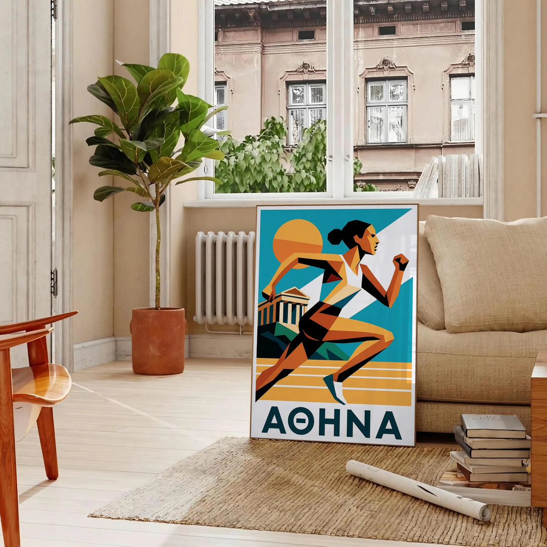 Athletics Athena poster med livfulla gröna och orange nyanser, perfekt för sportentusiaster och inspirationssökande. Finns i
