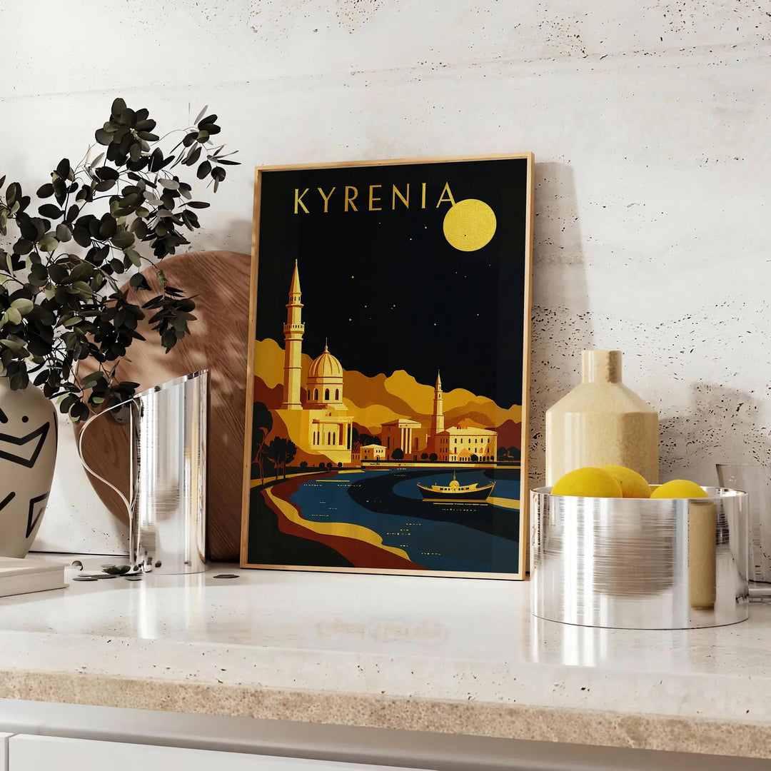 Manifesto vintage Art Déco di Kyrenia in arancione e nero.