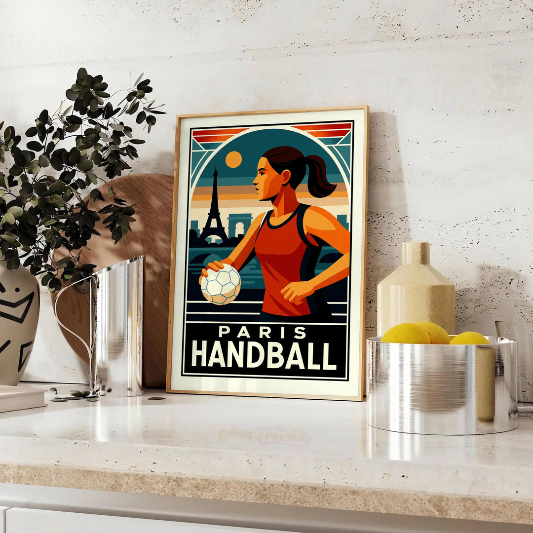 2024年パリオリンピックのハンドボールポスター。スポーツ愛好者にぴったりの鮮やかなデザインで、あなたの空間にゲームの興奮をもたらします。サイズは50x70 cmまたは30x40 cmから選べます。