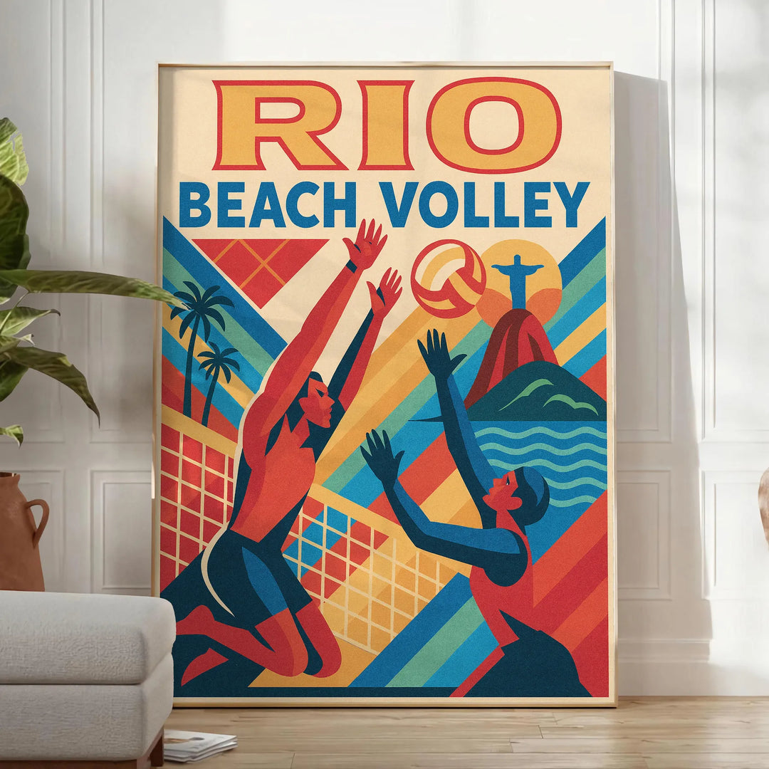 Vintage poster med beach volley-tema i livliga orange och blå färger, perfekt för sportentusiaster och retroinredning. Finns