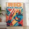 Vintage poster med beach volley-tema i livliga orange och blå färger, perfekt för sportentusiaster och retroinredning. Finns