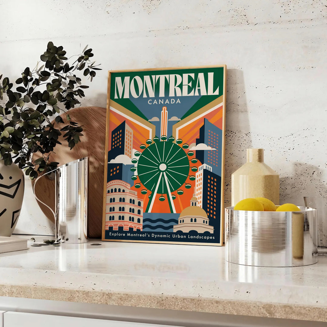 Poster vintage Art Déco Montreal verde e marrone, elegante scena cittadina