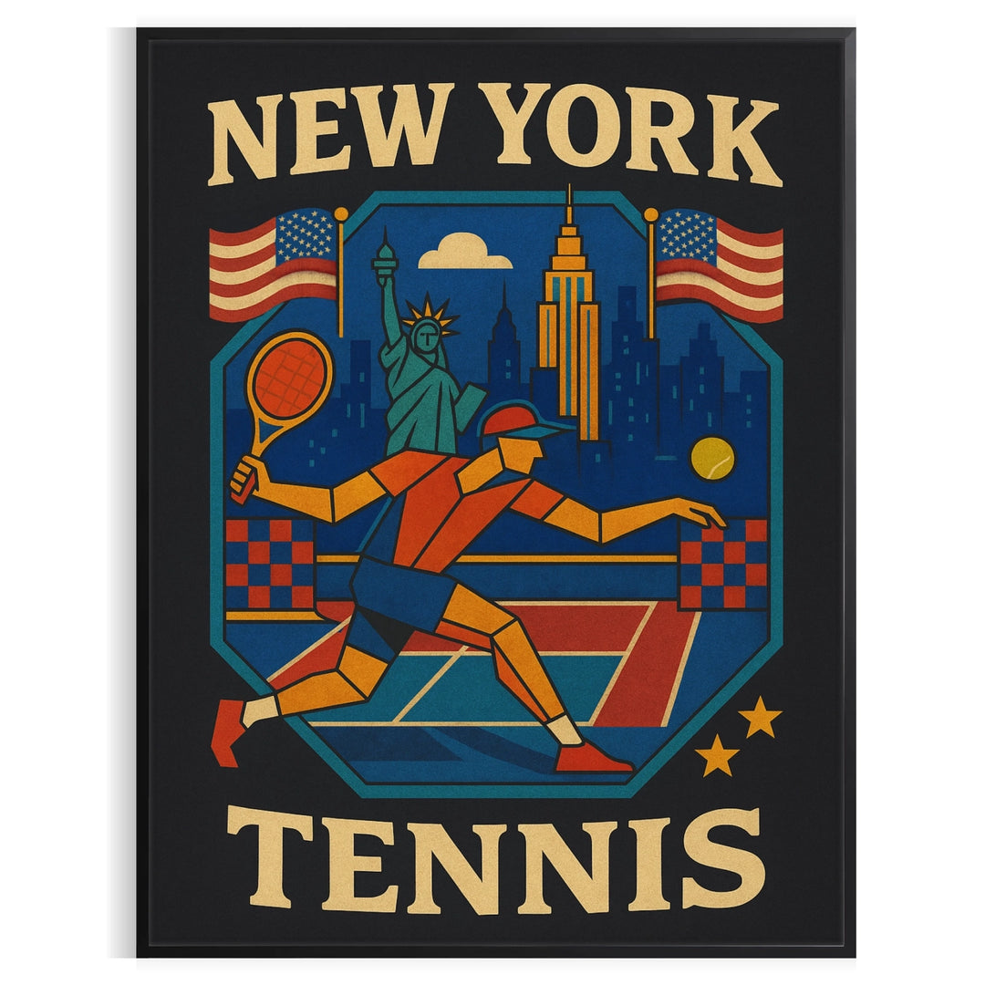 space New York Vintage Cartoon Tennis Poster chic gray blue color palette lovers enthusiasts stylish piece measures touch retro charm walls framed unframed versions stunning