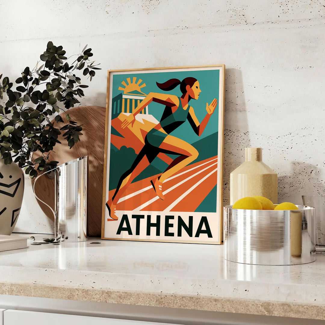 Vibrants "Athletics Athena 199" plakāts ar dinamiskām oranžām un baltām krāsām, kas iedvesmo enerģiju un kaislību sportā. Ide