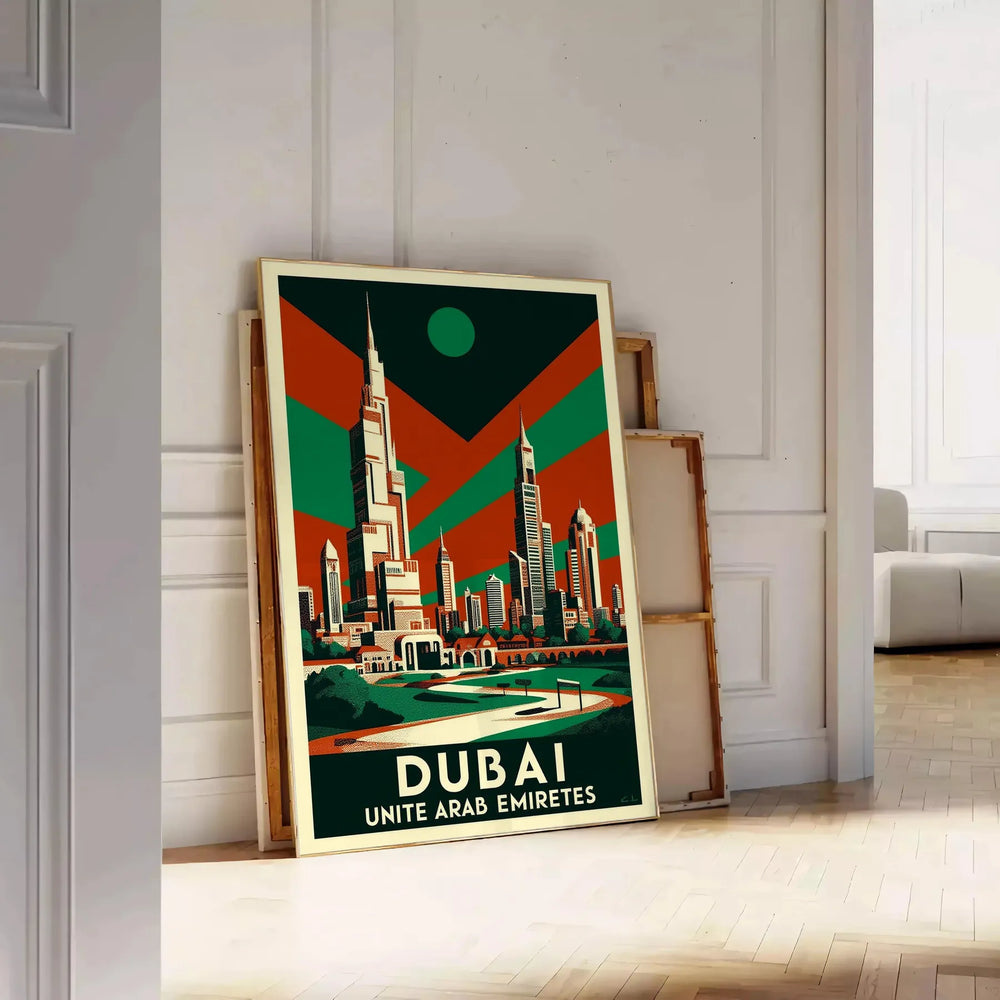 timeless elegance Dubai Vintage Travel Art Deco Poster chic green gray tones space stunning allure United Arab Emirates decor