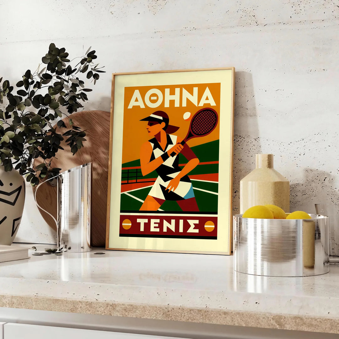 Athena Tennis poster med en djärv röd och svart design, perfekt för tennisentusiaster. Finns i storlekarna 50x70 eller 30x40