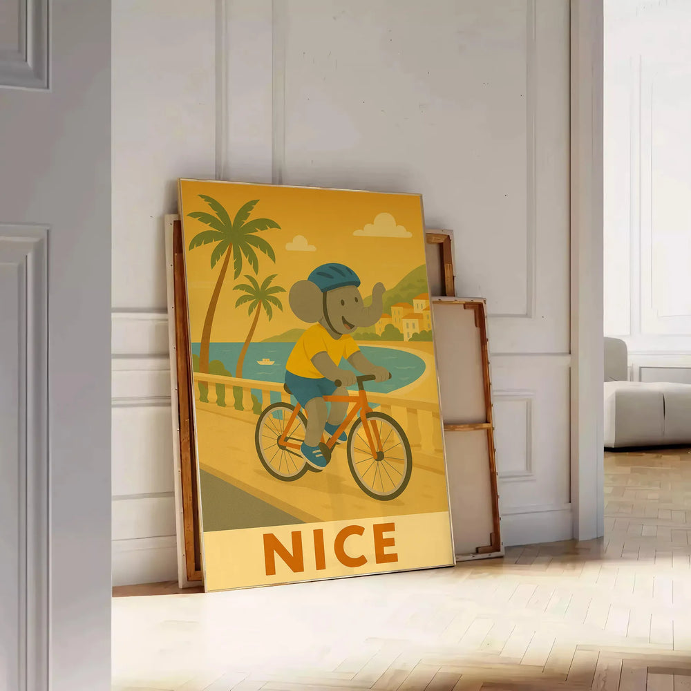 whimsical charm Kid Elephant Cycling poster playful gray vibrant green hues kids rooms nurseries delightful design measures touch joy space
