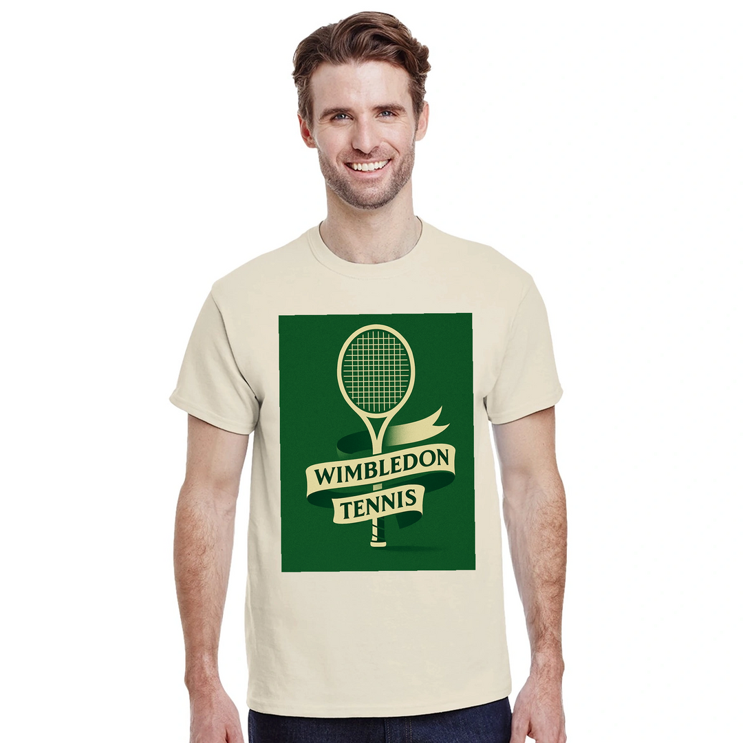 ウィンブルドンを祝うテニステーマのTシャツ。快適で耐久性に優れたデザインで、スポーツ愛好者必見のアイテム。サイズ展開: S, M, L, XL, XXL。
