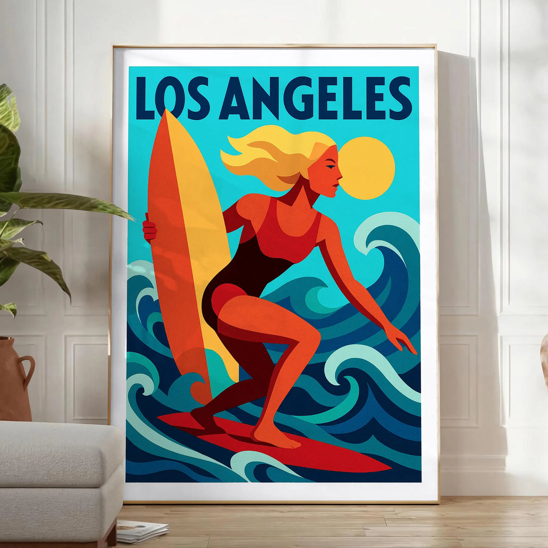 Lebendige Los Angeles Surf Poster mit auffälligen roten und blauen Farben, ideal für Strandliebhaber und Surffans. Erhältlich