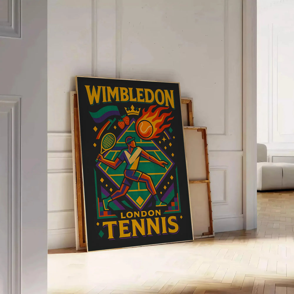 space Wimbledon Vintage Cartoon Tennis Poster vibrant green purple color palette whimsical design spirit fun nostalgic way sports lovers art enthusiasts today A4 cm A0