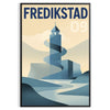 Plakat w stylu Art Déco przedstawiający urok Fredrikstad w Norwegii, dostępny w rozmiarach 50x70 i 30x40, w wersji z ramą lub