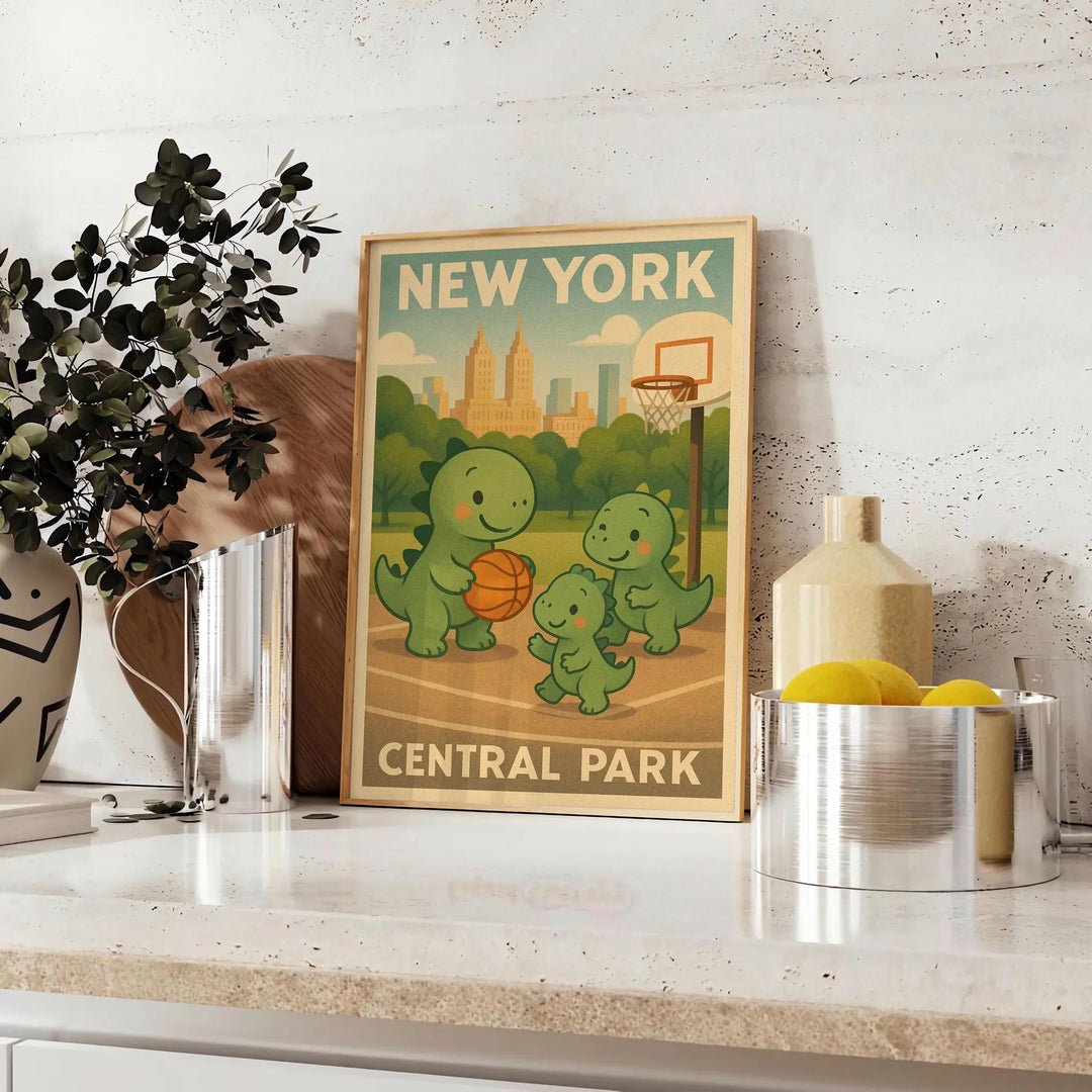 splash fun space  basketball vintage poster playful dinosaurs New York Central Park kids rooms unique gift art deco print measures Buy today games unframed options available