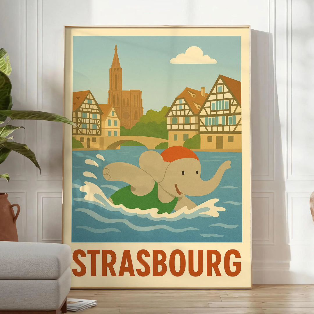 ストラスブールの子供用水泳ゾウポスター。灰色と緑の鮮やかなアートが子供部屋を楽しく彩ります。