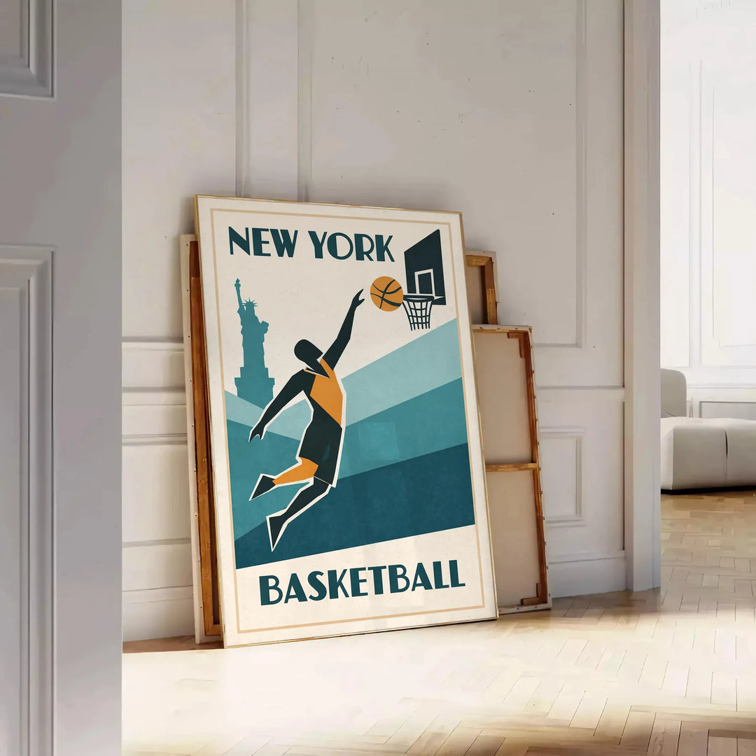 Stilīgs Ņujorkas NBA plakāts ar spilgtu oranžu un baltu dizainu, pieejams 50x70 vai 30x40 izmērā