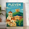 Stylized Pleven, Bulgaria travel poster in blue and yellow