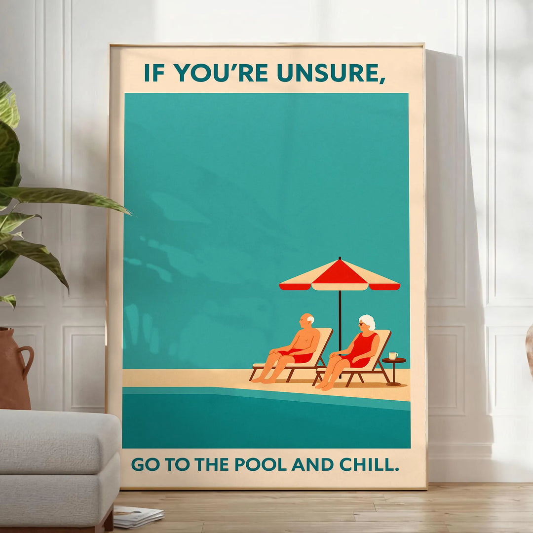 Motivācijas plakāts "Dodieties uz baseinu un atpūtieties" ar siltām brūnām un oranžām krāsām, ideāli piemērots relaksējošai a