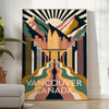 Vintage Art Deco Vancouver travel poster with orange and green geometric design