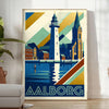 Plakat Art Déco przedstawiający Aalborg, Dania w niebiesko-brązowych odcieniach