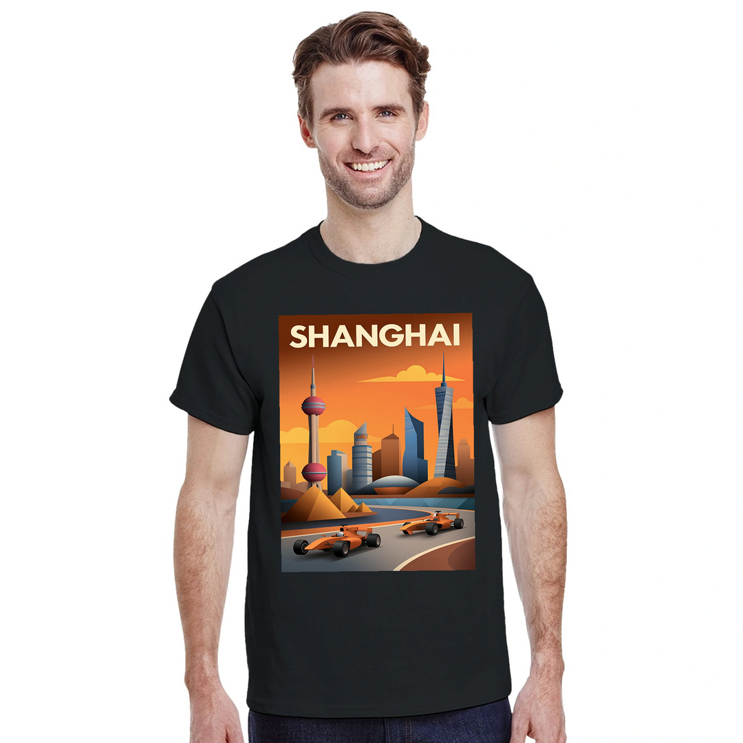 上海F1デザインのTシャツ。モータースポーツファンにぴったりのスタイリッシュなアイテム。高品質コットン使用で快適な着心地。