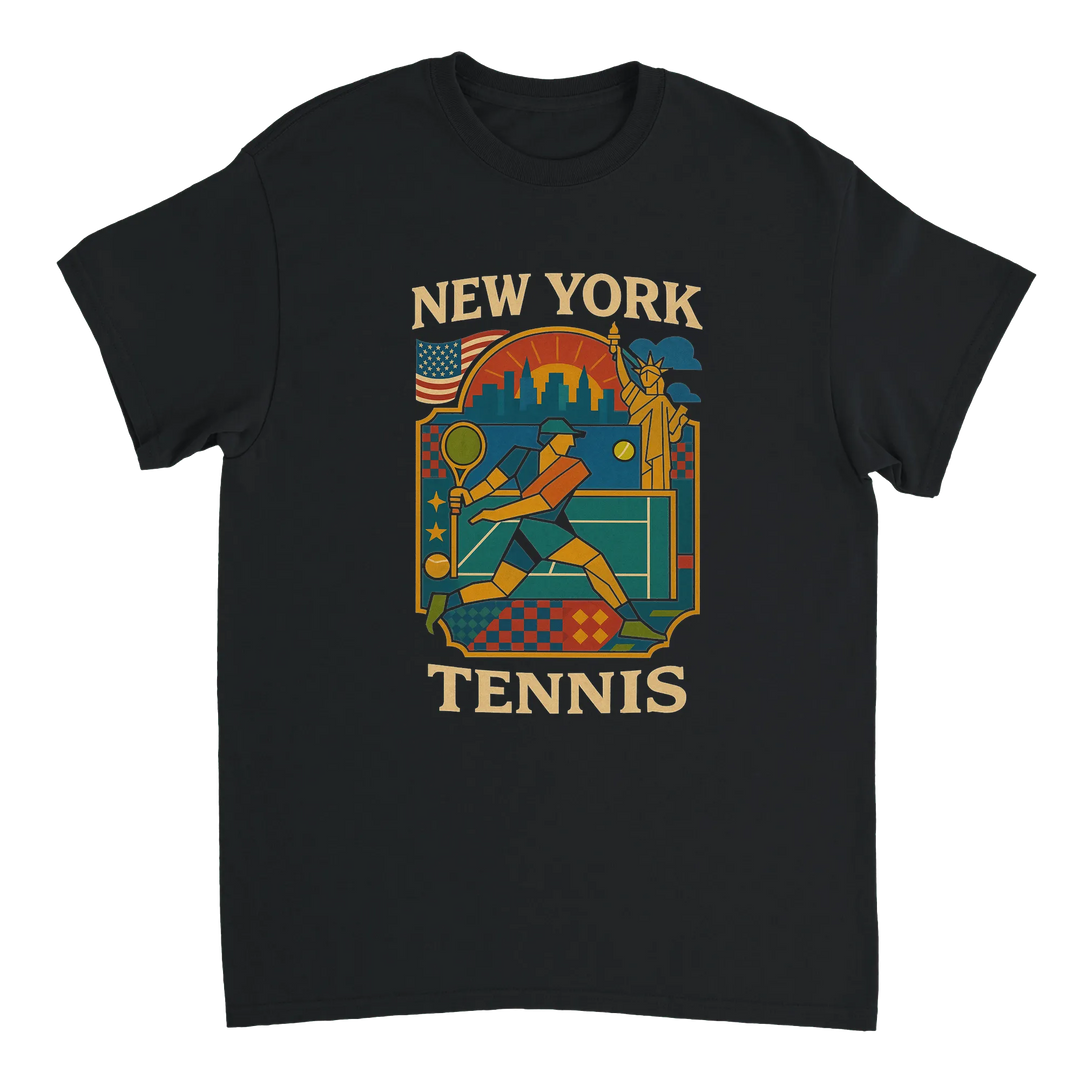 ニューヨークの魅力を感じるヴィンテージカートゥーンテニスTシャツ。カジュアルな外出や試合の日に最適なスタイルで、テニス愛好者必見のアイテムです。