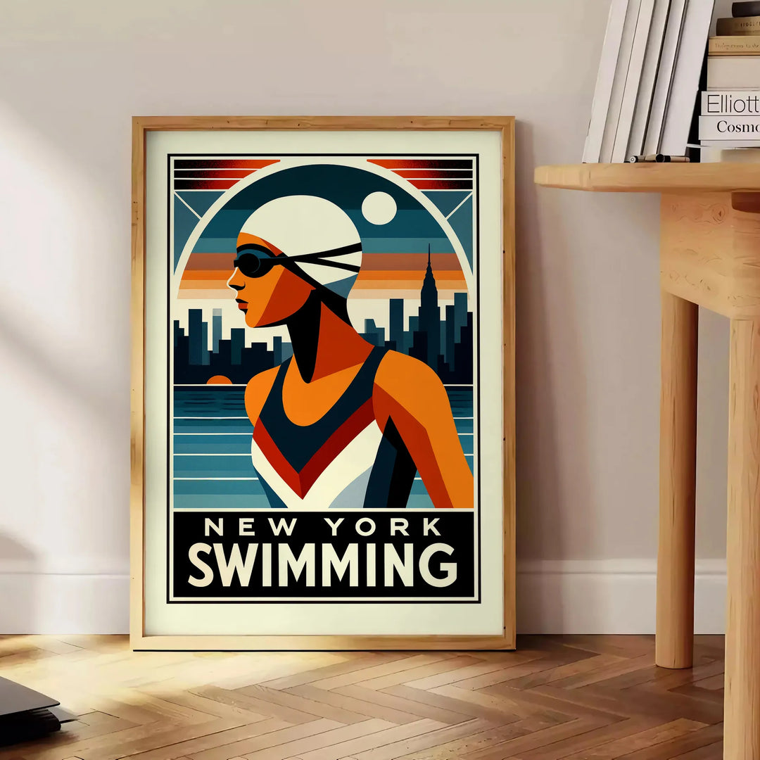 Svart och röd affisch med motiv av simning i New York, tillgänglig i storlekarna 50x70 eller 30x40, perfekt för simmare och s