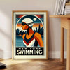 Svart och röd affisch med motiv av simning i New York, tillgänglig i storlekarna 50x70 eller 30x40, perfekt för simmare och s