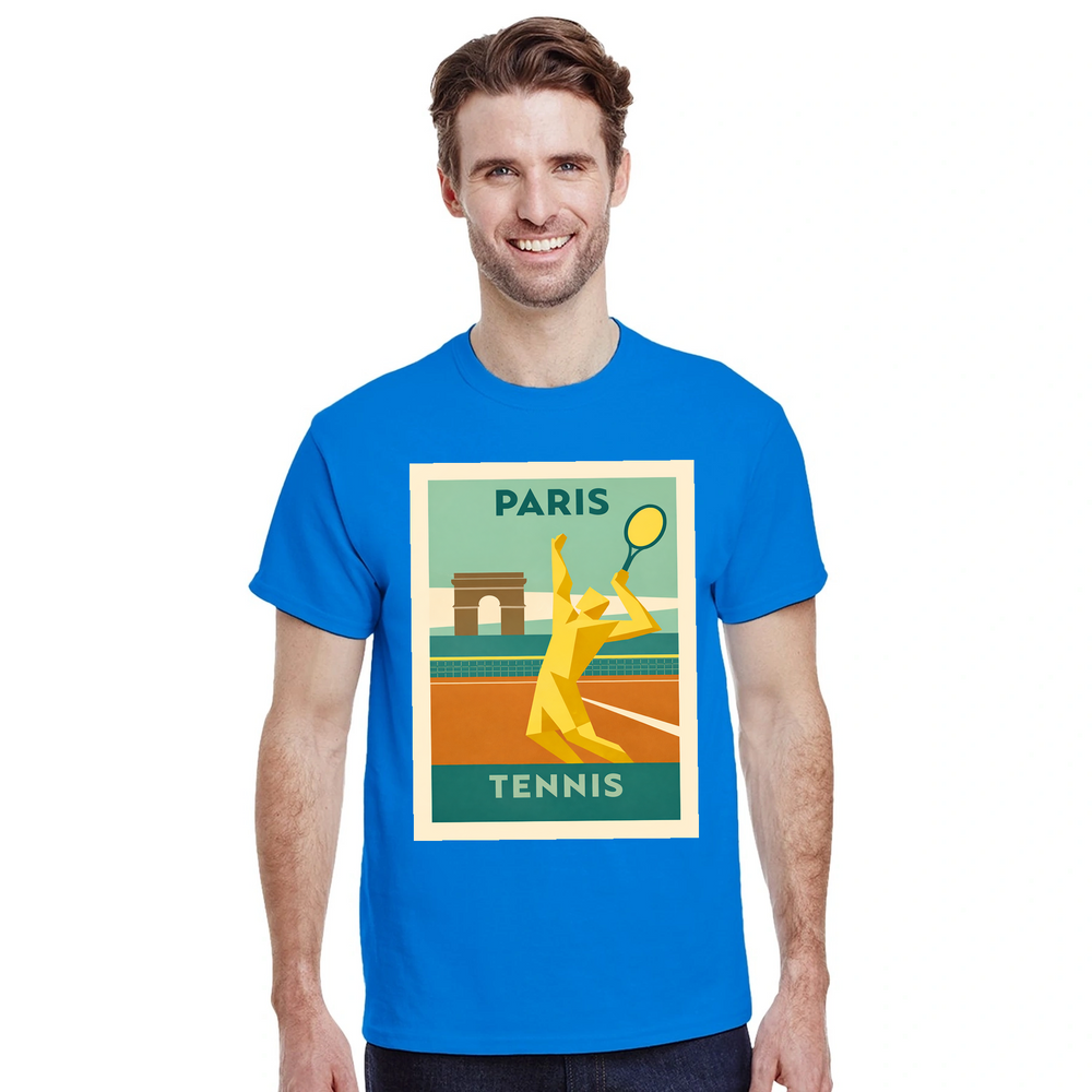 T-shirt featuring a graphic of tennis elements and Paris landmarks