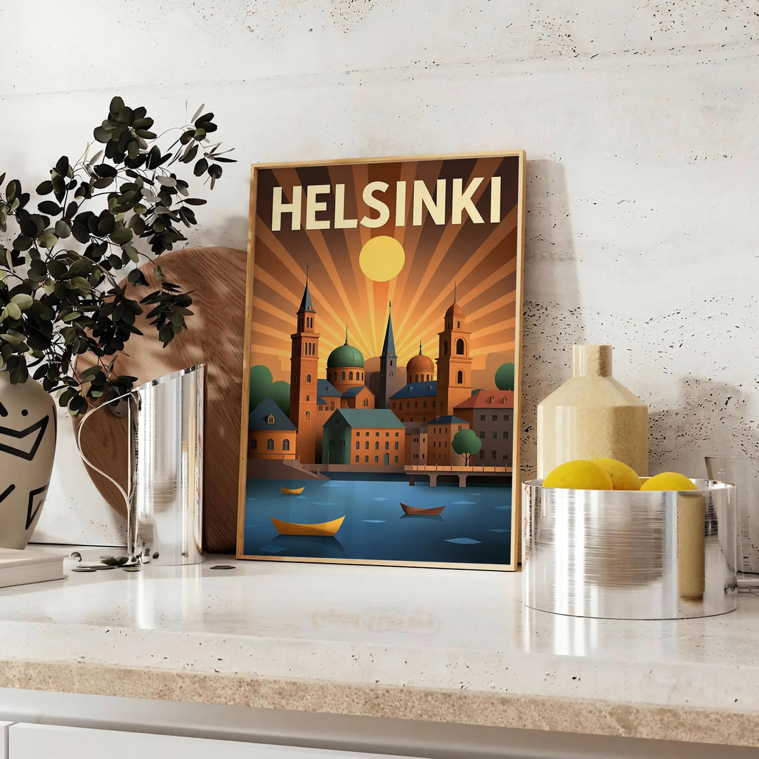 Manifesto vintage Art Déco di Helsinki con illustrazione cittadina grigia e verde.