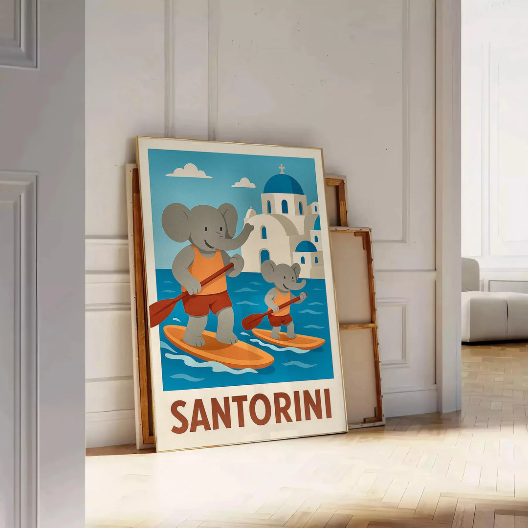 Ζωντανό αφίσα με ελέφαντα και σαντορινιό paddle, ιδανική για παιδικά δωμάτια. Διαθέσιμη σε διάφορες διαστάσεις