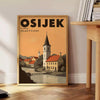 Plakat w stylu Art Déco przedstawiający Osijek w brązowych i pomarańczowych tonach
