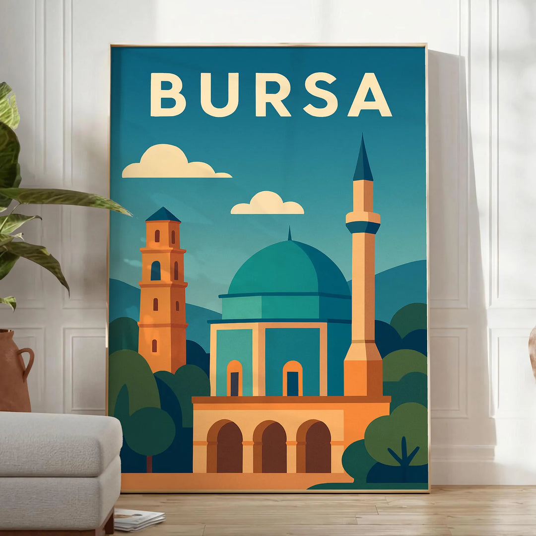 Green and blue stylized Bursa, Turkey travel poster with architectural skyline illustration