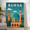 Green and blue stylized Bursa, Turkey travel poster with architectural skyline illustration